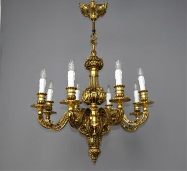 French Mazarin Gilded Bronze Chandelier Impressive Castle 8 lights Art Nouveau Style Faces WOW
