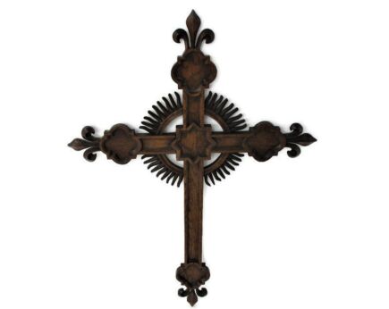 Gorgeous French Hanging Crucifix Cross Hand Carved Wood Fleur de Lis Lys Monstrance Stunning 28.34"