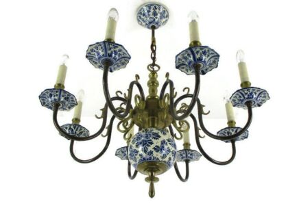 Dutch Delft Blue White Chandelier Porcelain Ornate Bronze 8 Lights Arm Rare WOW