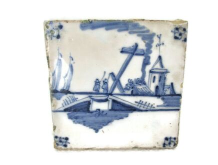 1800 Antique Delft Tile Dutch Decorative Candelabrum Fishermen Seaside Blue White HTF
