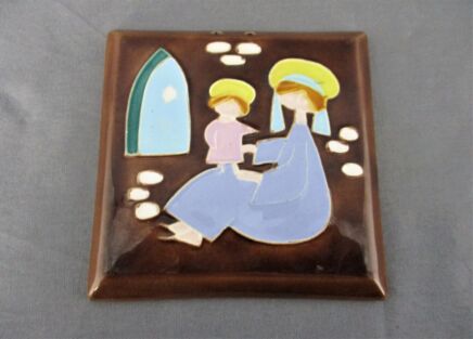 Vintage Ceramic  Tile Wall Hanging Small  Virgin Mary Madonna Infant Child Jesus Marked Bayer