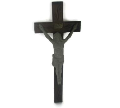 Large Wall Hanging hand Carved Wood Crucifix Cross Jesus Christ Faux Brass Spelter Corpus 27.55"
