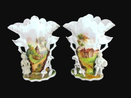 L Couple Antique Vieux Paris Porcelain Fan Flair Cornet Vases with Figurines Couple Beautiful