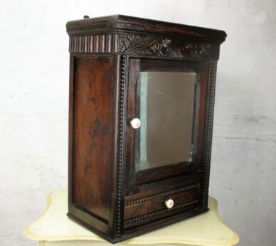 Dark Wood Medicine Wall Cabinet Apothecary Mirror Drawer Ornate Hobnails WOW