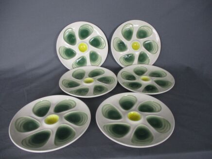 Set of 6 French Oyster Plates Porcelain Faience Hand Painted Stylish Green Yellow White