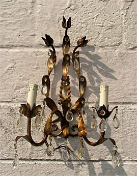Vintage Wall Sconce Brass  Hollywood Regency Brown Prism Tulips Flowers