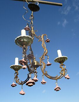 Antique Italian Brass Chandelier Porcelain Flowers 3 lights