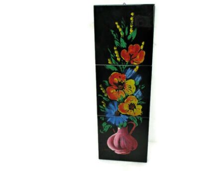 Large Vintage Ceramic Black Tile Wall Hanging Tiles Flowers Motif Retro 1970s Signed
