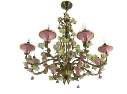 Italian Regency Chandelier 8 arm Lights Ornate Brass Leafs Porcelain Flowers