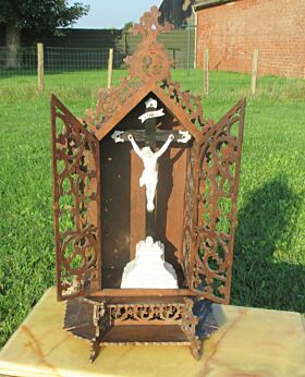 Antique Carved wood Small Chapel Crucifix Porcelain Jesus Christ Gorgeous!