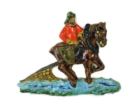 Lovely Modernist Ceramic Wall Plaque Fisherman Shrimps Sea Horse Polychrome Signed Dees 1976