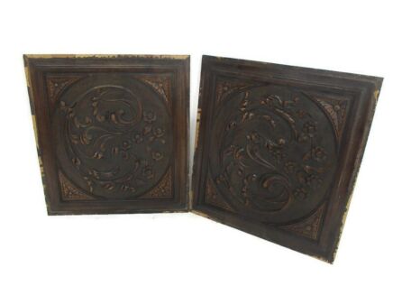 pair Carved Wood Panels Reclaimed Salvaged Architectural Ornate Flowers