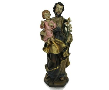 Statue St Joseph Saint Protector of Homes Infant Jesus Lilies Sweet Hard Plastic 11.81"