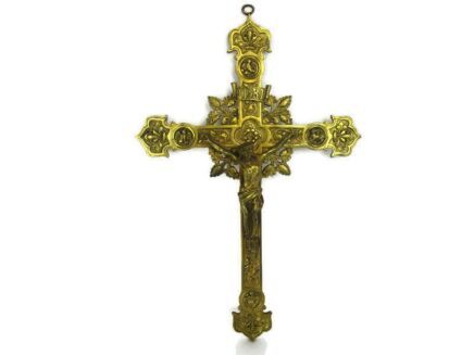 Gorgeous Hanging Wall Crucifix Brass Jesus Christ 4 Evangelists Holy Spirit Dove 17.51" HTF
