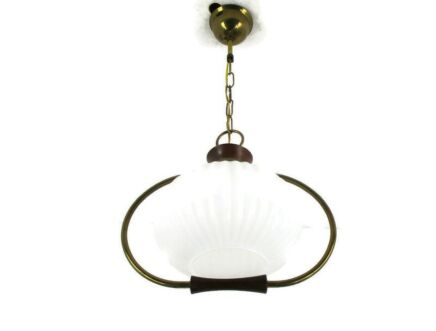 Danish Modern Chandelier Pendant Teak Brass Opaline Glass Atomic Louis Kalff