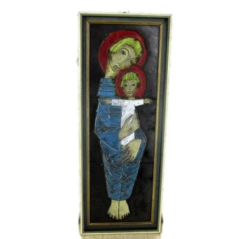 Retro Wall Plaque Virgin Mary Infant Child Wall Hanging Ceramic Tiles Fat Lava