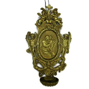 Large Brass Embossed Holy Water Font Angels Virgin Mary Infant Wall Hanging HTF