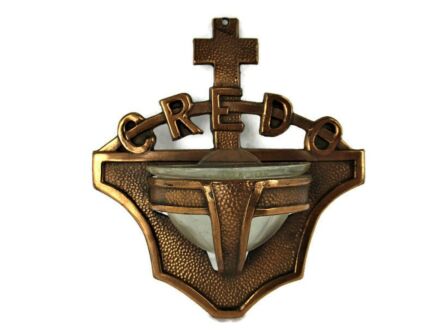 Art Deco Wall Holy Water Font Vessel Credo I Believe Red Copper Hard plastic Belgium