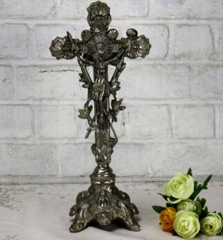 Ornate Standing Crucifix Tools of Passion Jesus Christ Spelter Flowers Vintage