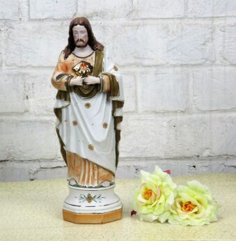 Antique Holy Heart Jesus Christ Porcelain Statue Figurine Polychrome 11.81"