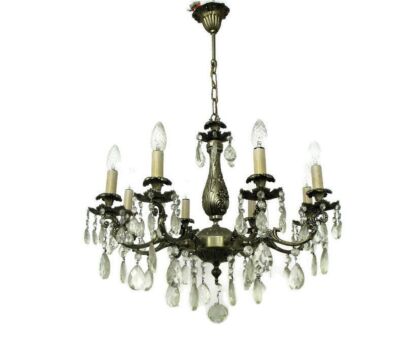 Vintage Chandelier 8 Lights Arms Art Glass Prisms Spelter Hollywood regency