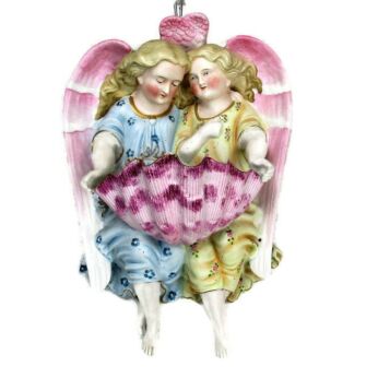XL French Holy Water Font Angel Hand Painted Bisque Porcelain Collector HTF 11"