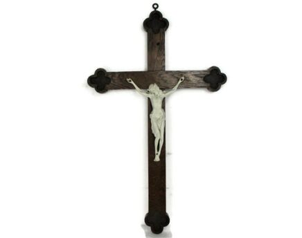 XL Hand Carved Wood French Hanging Ornate Crucifix Bisque Corpus Jesus 28.74"