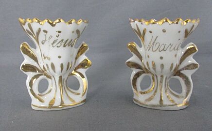 Lovely couple mini Antique Vieux Paris Porcelain Fan Flair Bridal Vases Jesus Mary Jésus Marie