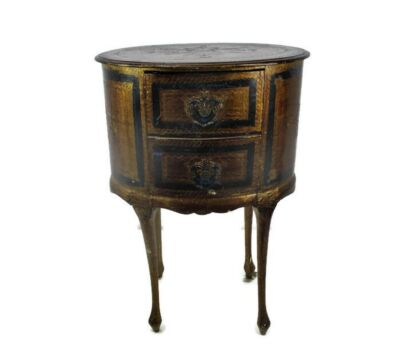 Round Chest of Drawers Florentine Wood Nightstand End Table Hall Cabinet Gold Gilded Blue Mid Century Rare