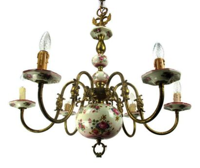 Vintage Flemish Dutch Chandelier 6 Arms Lights Fish Eagle Porcelain Brass
