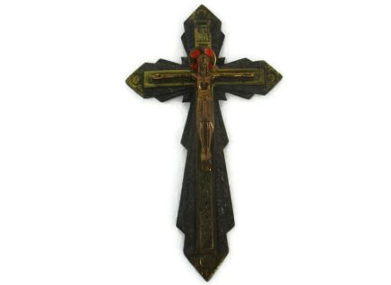 French vintage Hanging Brass Enamel Crucifix seigneur Ayez Pitié de nous 8.46"