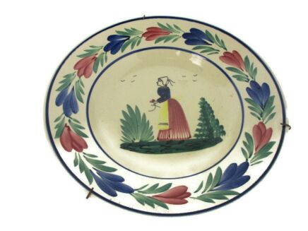 French Henriot HB Quimper Crest Soup Plate Decor Breton Woman Polychrome Hand Painted Lovely