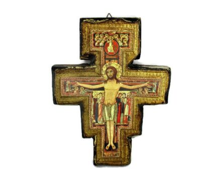 Florentine Wood San Damiano Wall Hanging Crucifix Jesus Christ Gold Gilt Rare 10.94"