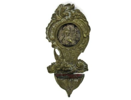 Small Brass Embossed Holy Water Font Holy Mother Virgin Mary Madonna Wall Hanging Lovely Antique