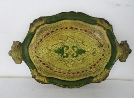Mid Century Italy Hollywood Regency Florentine Serving Tray Green Gold Wood Decoration Ornate