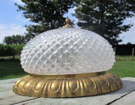 Large Vintage French Ceiling Lamp Fixture Plafonniere Brass Bubbled Glass