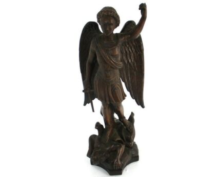 Statue Archangel Guardian Michael slaying the Dragon Antique Hand Carved Wood
