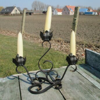 Vintage Wrought Iron Three Arm Candle Holder Flower Design
