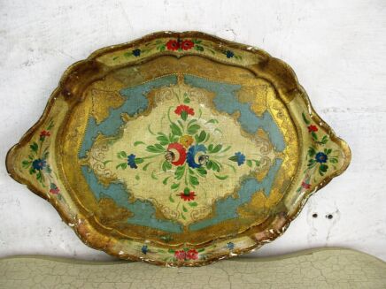 Italian Mid Century Hollywood Regency Florentine Serving Tray Wood Blue Flowers