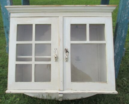 Antique French Provincial Wood Medicine Wall Cabinet Apothecary White Key Rustic