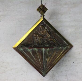 Vintage Brass Holy Water Font Vessel Wall Hanging Pieta Signed Bauhaus 1920s