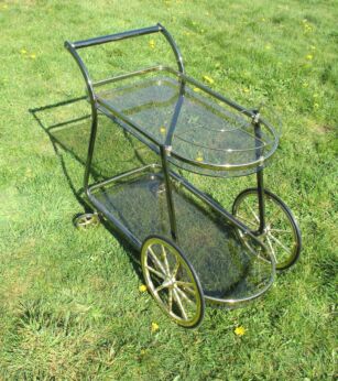 Vintage Retro Brass Coctail Bar Cart Serving cart Trolley Smoked Glass