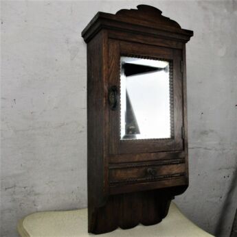 Vintage Wood Medicine Bathroom Apothecary Cabinet Beveled Glass Mirror Hobnails
