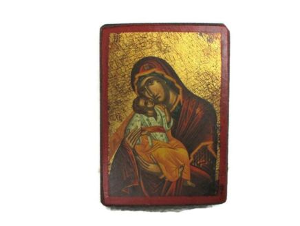 Small Religious Icon Virgin Mary Infant Child Magnificat Print on Wood copy Byzantine Icon
