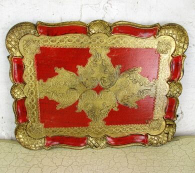 Mid Century Italy Hollywood Regency Florentine Serving Tray Red Gold Gilt Resin