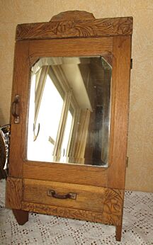 Antique French Oak Medicine Wall Cabinet Beveled Glass mirror Apothecary Carved Wood Flowers