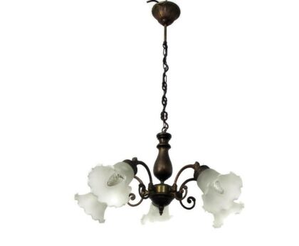 Small Chandelier 5 Arm Light Glass Tulip Shades Ornate Brass Wood Barn Style