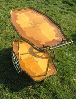 Bar Cart Italian Hollywood Regency Gold Chrome Wood Inlay Marquetry Vintage