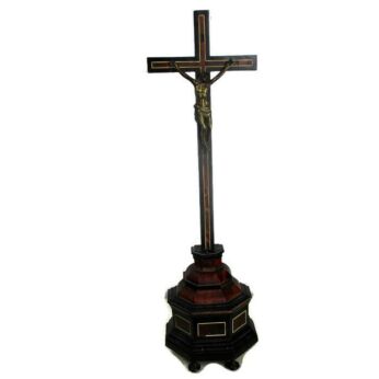 French Antique 19th C Standing Crucifix Wood Turtle Inlay Exquisite Christ 23.6"