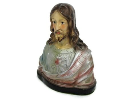 Small Antique Plaster French Bust Jesus Christ Statue Sacred heart Art Deco Polychrome Signed